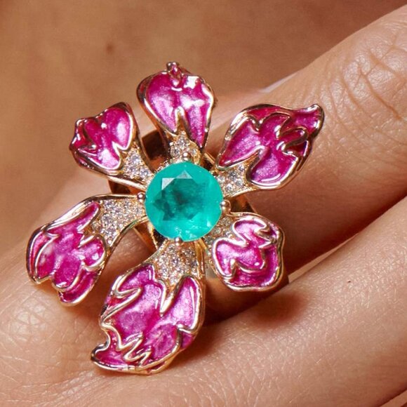 Cubic Zirconia & White Enamel Gold Tone Fan Ring, Earring  Set of gold and enameled earrings and ring